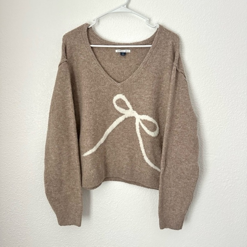 American Eagle Sweater Women’s S Tan Brown Bow V-Neck Pullover